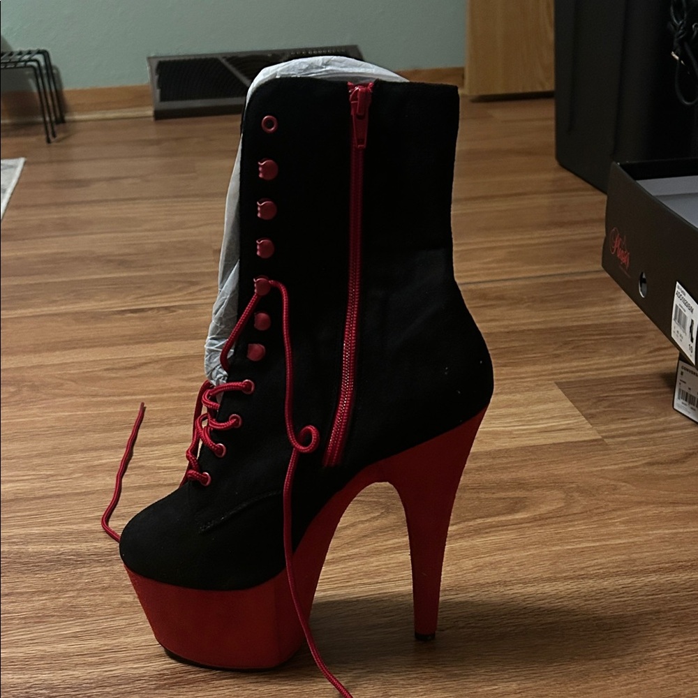 Pleaser Black and Red Lace-Up Heels